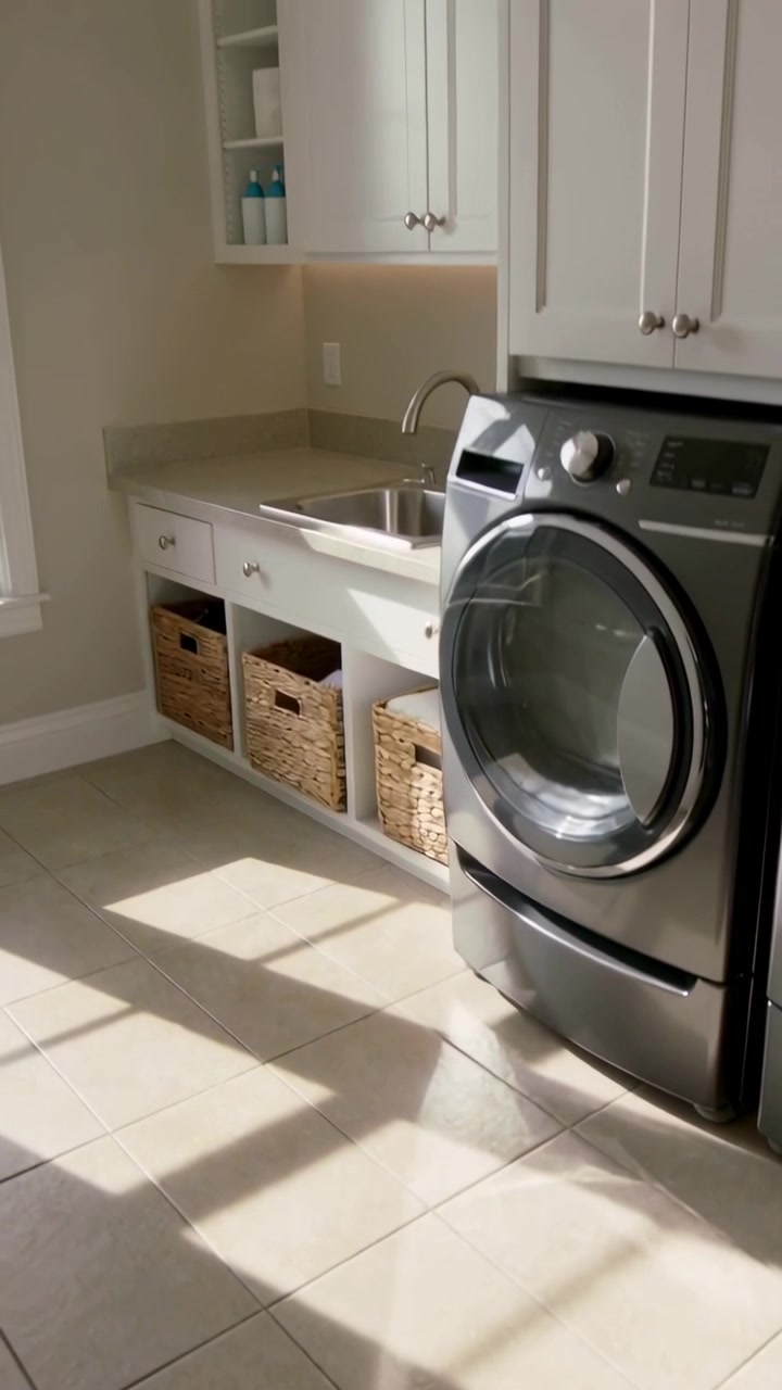 Vertical video: Pulling lens back to reveal frontload washer and sunlight in laundry, copy space