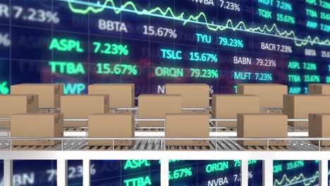 animation of delivery boxes on conveyer belt against stock market data processing