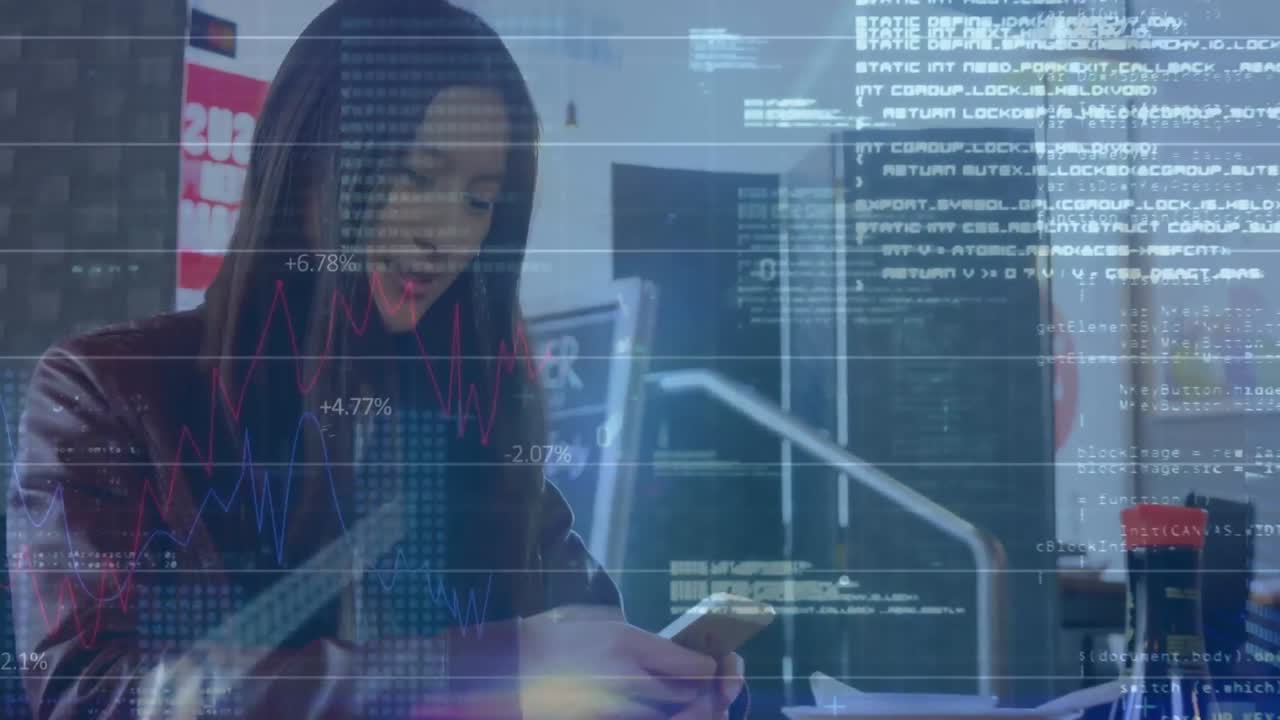 animación del procesamiento de datos financieros sobre mujeres biraciales que usan teléfonos inteligentes.