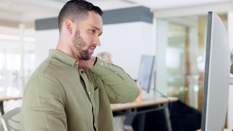 Dolor-De-Cuello,-Computadora-Y-Hombre-De-Negocios-Trabajando