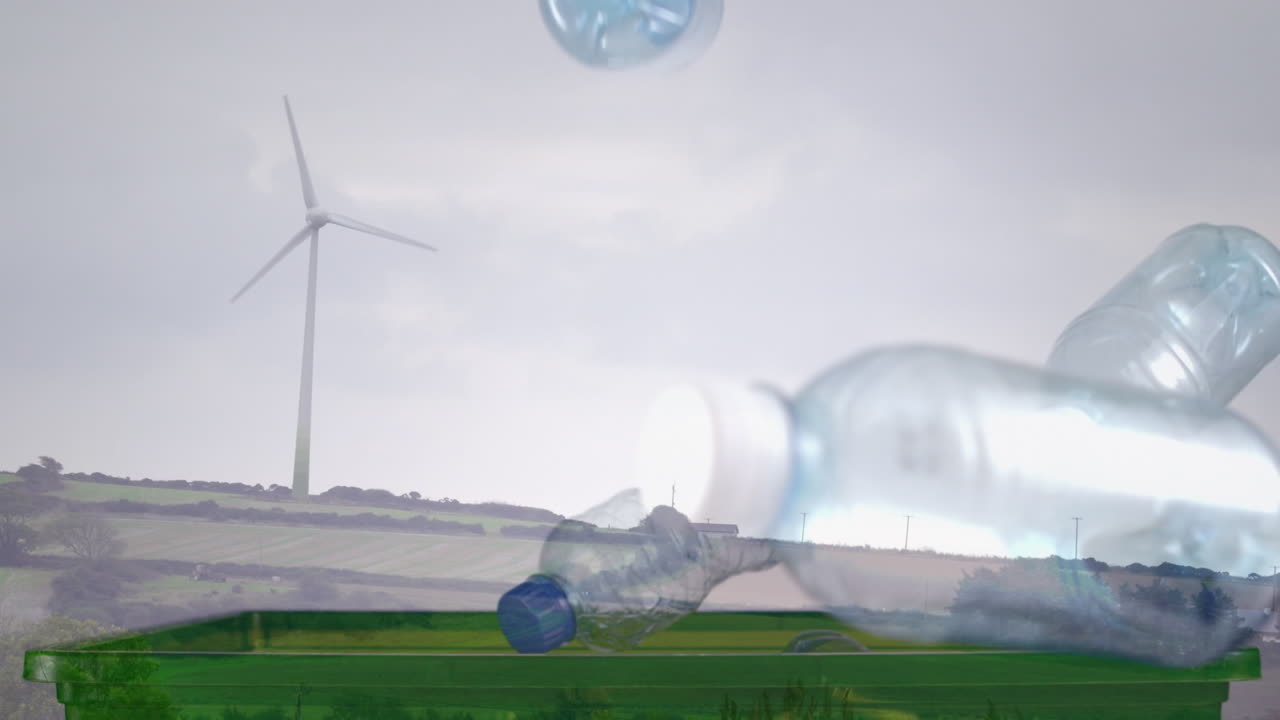 플라스틱 병 과 풍력 터빈 이 있는 상자 의 애니메이션