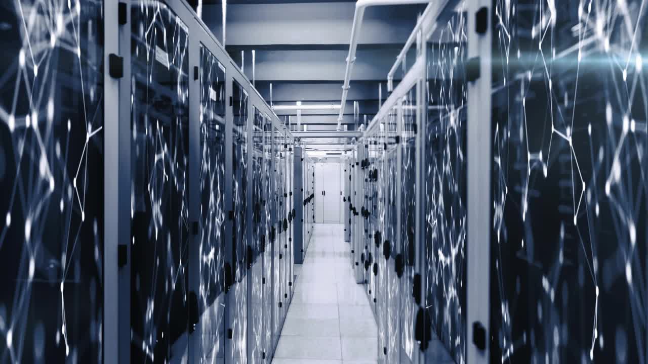 Upon scene opening, server corridor showing floating icons drifting, fading illustrating engagement