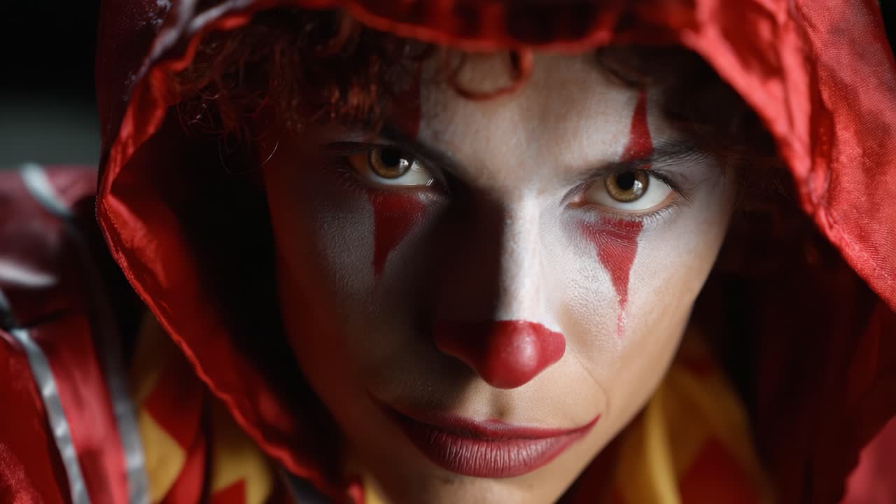 Mysterious Clown: A Strong Portrait Highlighting Intriguing Features and Emotive Expression Captured in Dramatic Lighting and Vivid Color Contrast