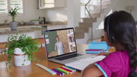 African-american-girl-doing-homework-while-having-a-video-call-with-male-teacher-on-laptop-at-home