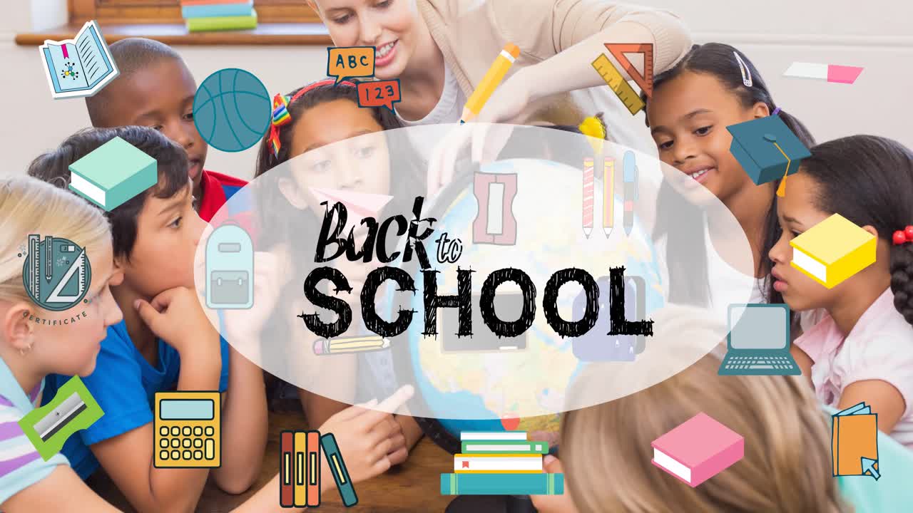 volver al texto escolar y los iconos del concepto escolar contra el maestro caucásico que enseña geografía a los estudiantes