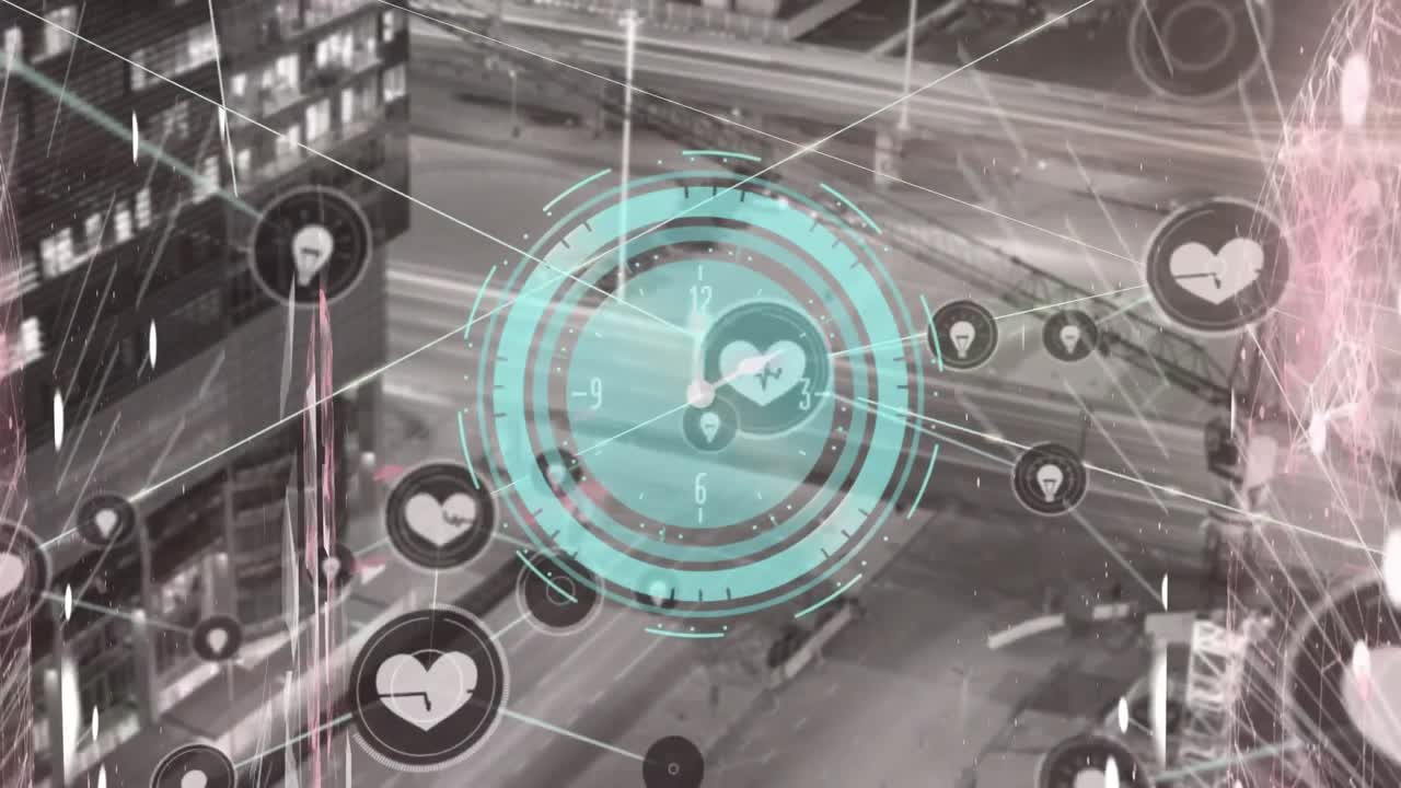 건물과 거리의 높은 각도 시야에 대한 디지털 시계 위에 연결된 아이콘 글로브의 애니메이션