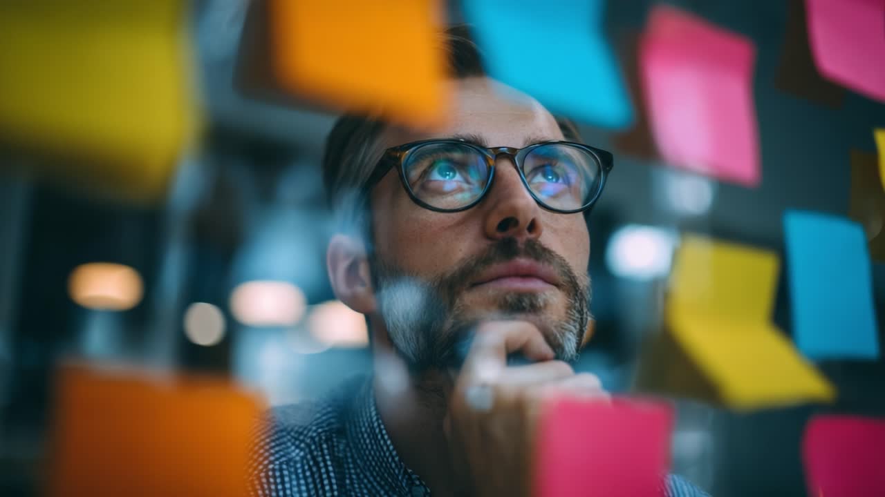 Contemplating Creative Solutions: A Focused Individual Engaging with Colorful Sticky Notes for Inspiration and Idea Development