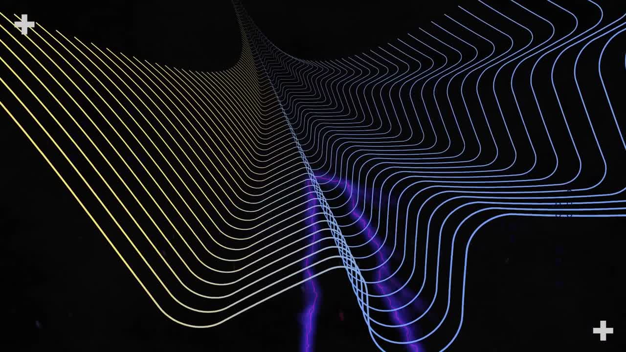 Animation of interface processing data, with purple electric currents, parallel curves on black