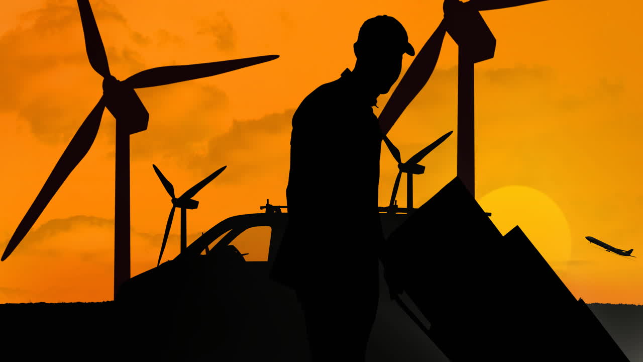 밴, 풍력 터빈 및 비행기 위로 이동하는 트롤리와 함께 실루 배달 사람의 애니메이션