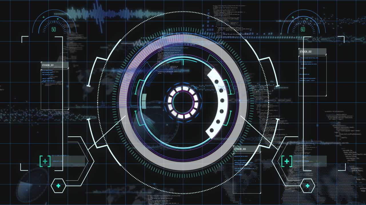 Central HUD powering up on core activation, spinning rings, rising panels, gauges updating for data