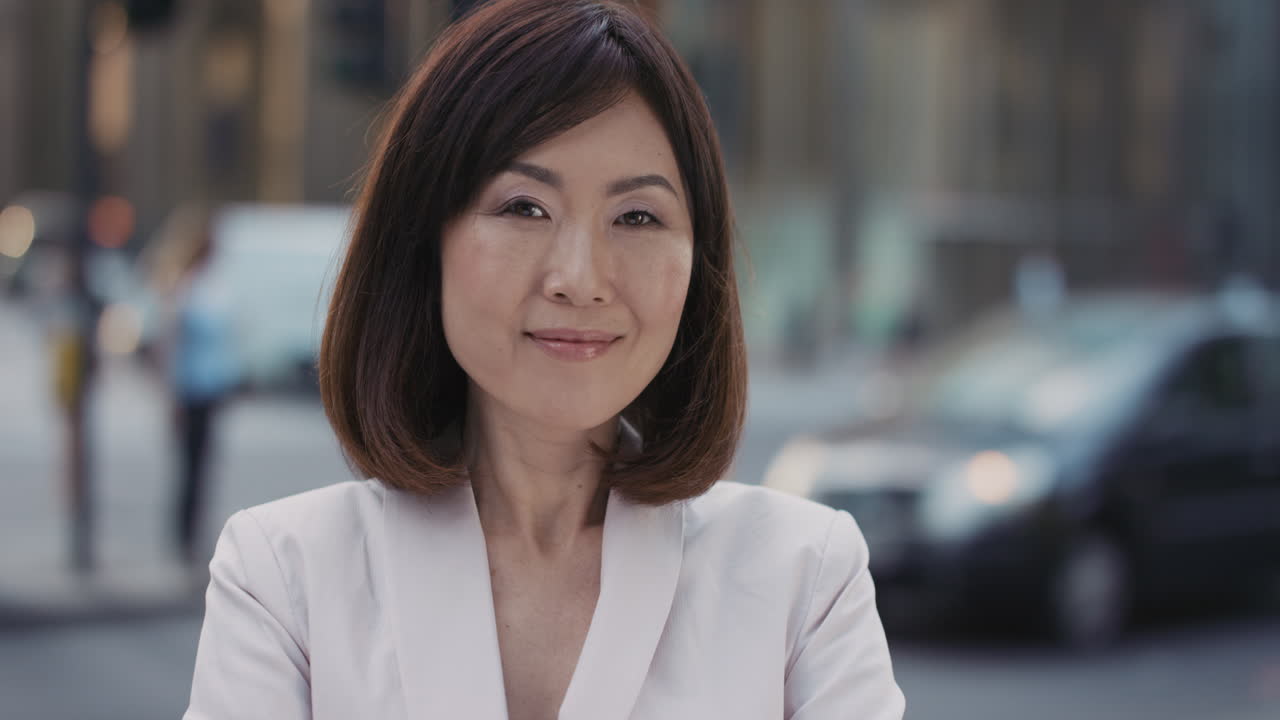 美しい日本のビジネスウーマンが微笑んでいるスローモーションの肖像画