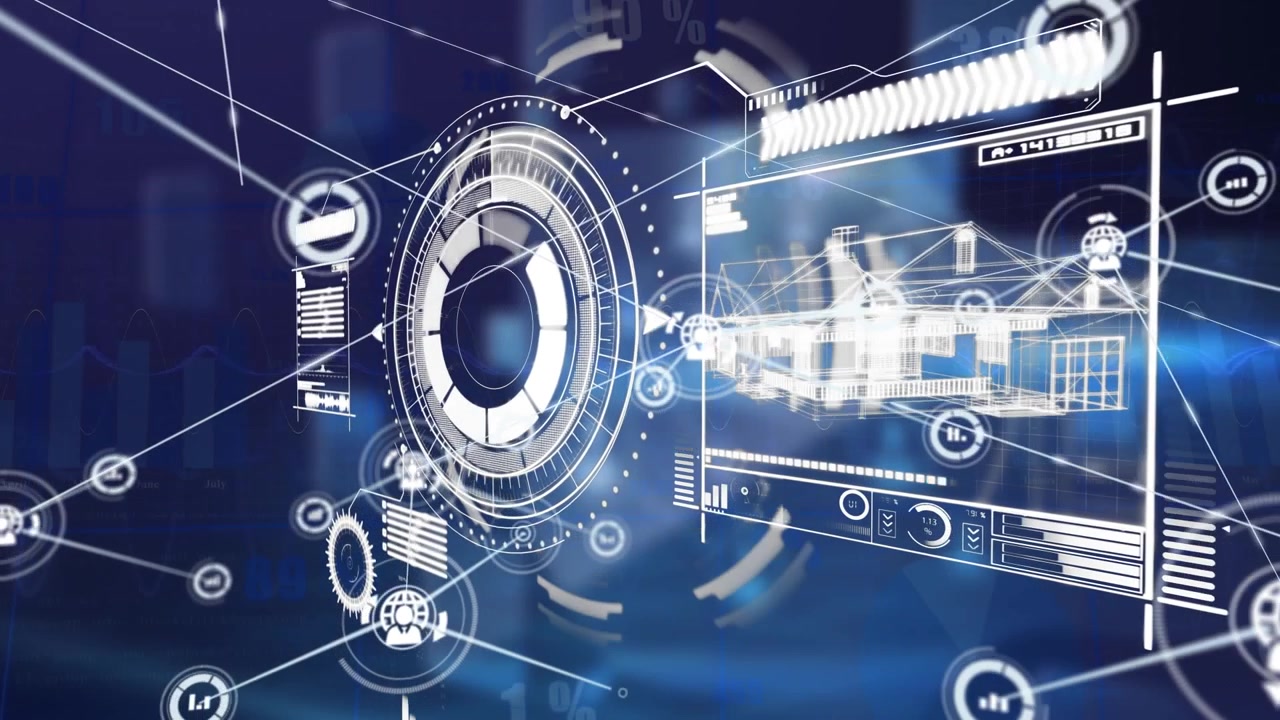 Digitalt grensesnitt som viser arkitekttegning og dataanalyse
