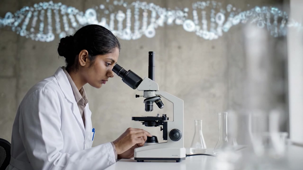 A dedicated scientist observing samples through a microscope in a modern laboratory, with a DNA strand graphic in the background highlighting genetic research.