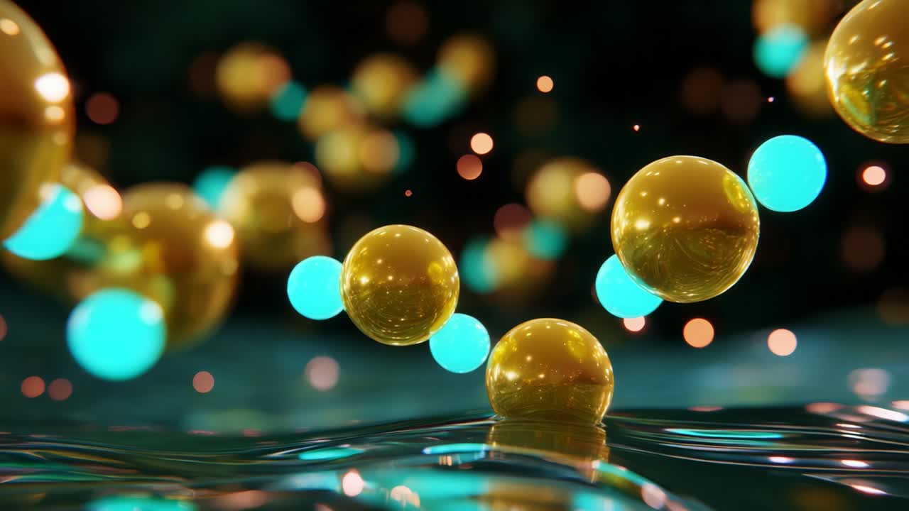 Vibrant spheres float gracefully above a shimmering surface, creating a captivating visual spectacle that blends golden and turquoise colors, illuminated by soft glowing orbs in a mesmerizing natural setting