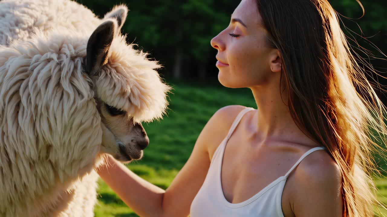 Woman gently petting an alpaca outdoors