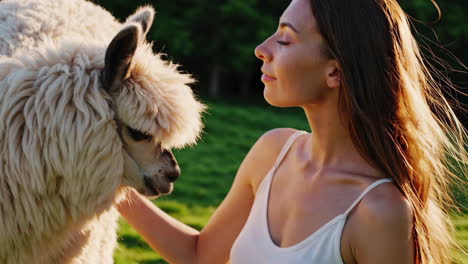 woman gently petting an alpaca outdoors