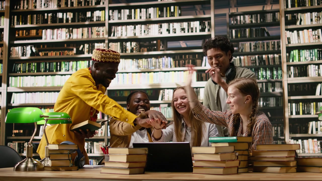 Diverse students working on laptop together at group study session