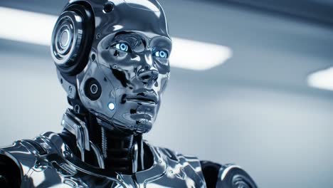 a futuristic android interacting with technology: exploring human-robot interaction through advanced robotics and ai capabilities in a modern setting
