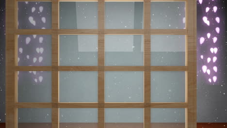 animation of christmas decorations and snow falling over window background