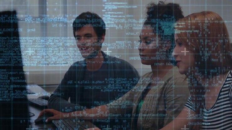 Man touching keyboard initiating woman typing code with animated code overlay guiding software team
