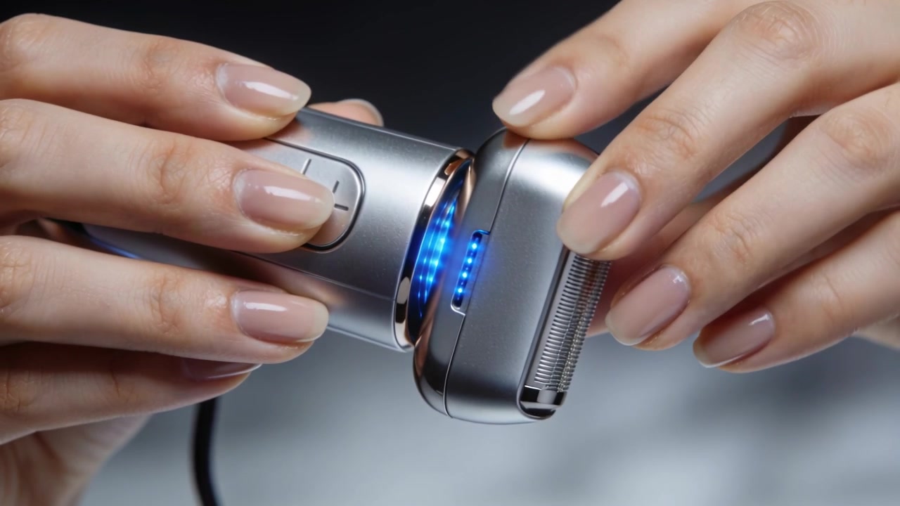 Anello LED blu illuminato, mani che tengono un rasoio e guidano la testina a lamina nella fessura in studio, assicurandone il corretto inserimento.