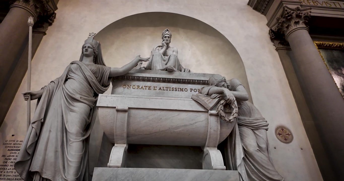 First-person walkthrough inside Santa Croce in Florence, Italy, approaching the memorial dedicated to Dante Alighieri. Historic architecture and artistic details highlight this iconic cultural site.