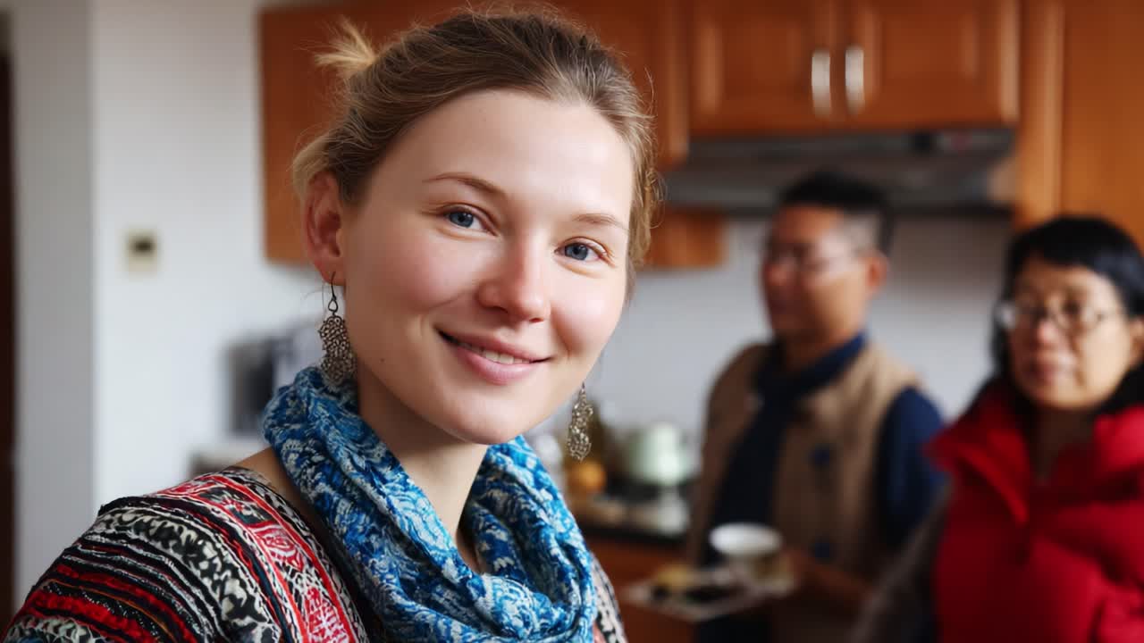 Engaging Interaction: A Warm Smile and Conversation in a Cozy Kitchen Setting Highlighting Cultural Connection and Personal Storytelling