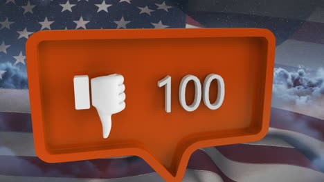 animation of unlike icon with numbers on speech bubble with flag of usa