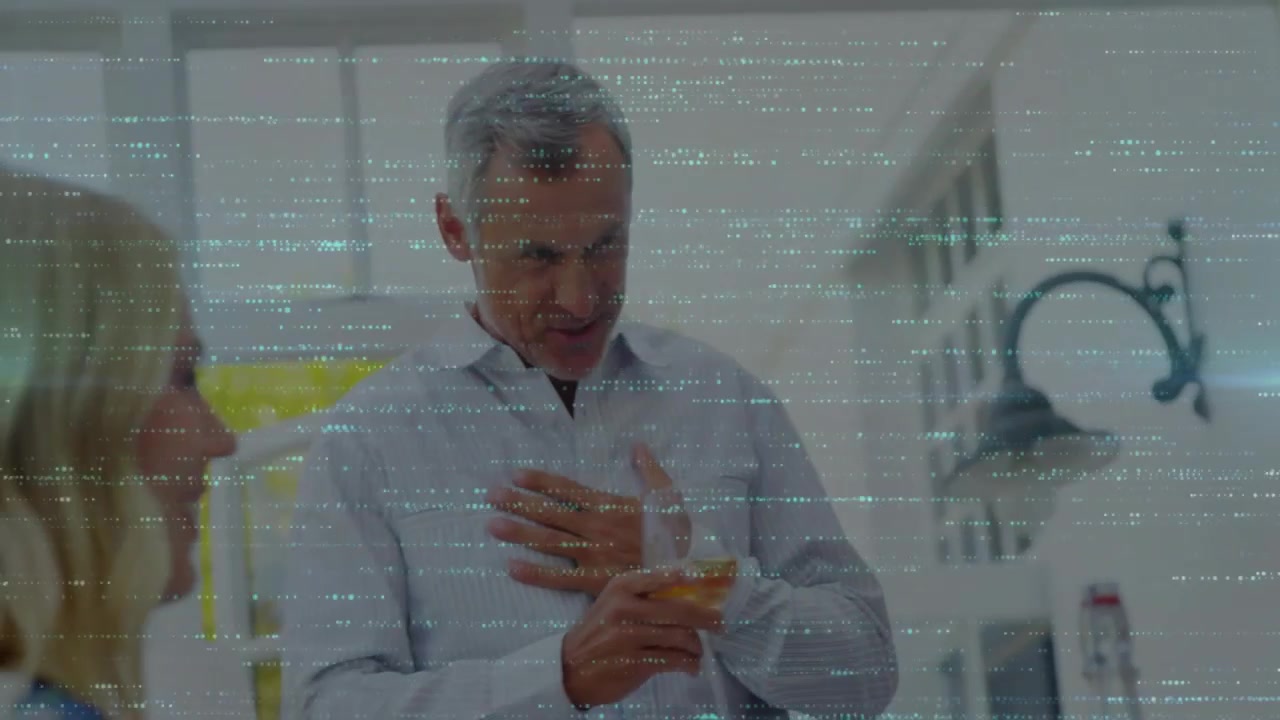 Mature man placing hand on chest, raising wineglass, toasting at family event, scanlines overlaying