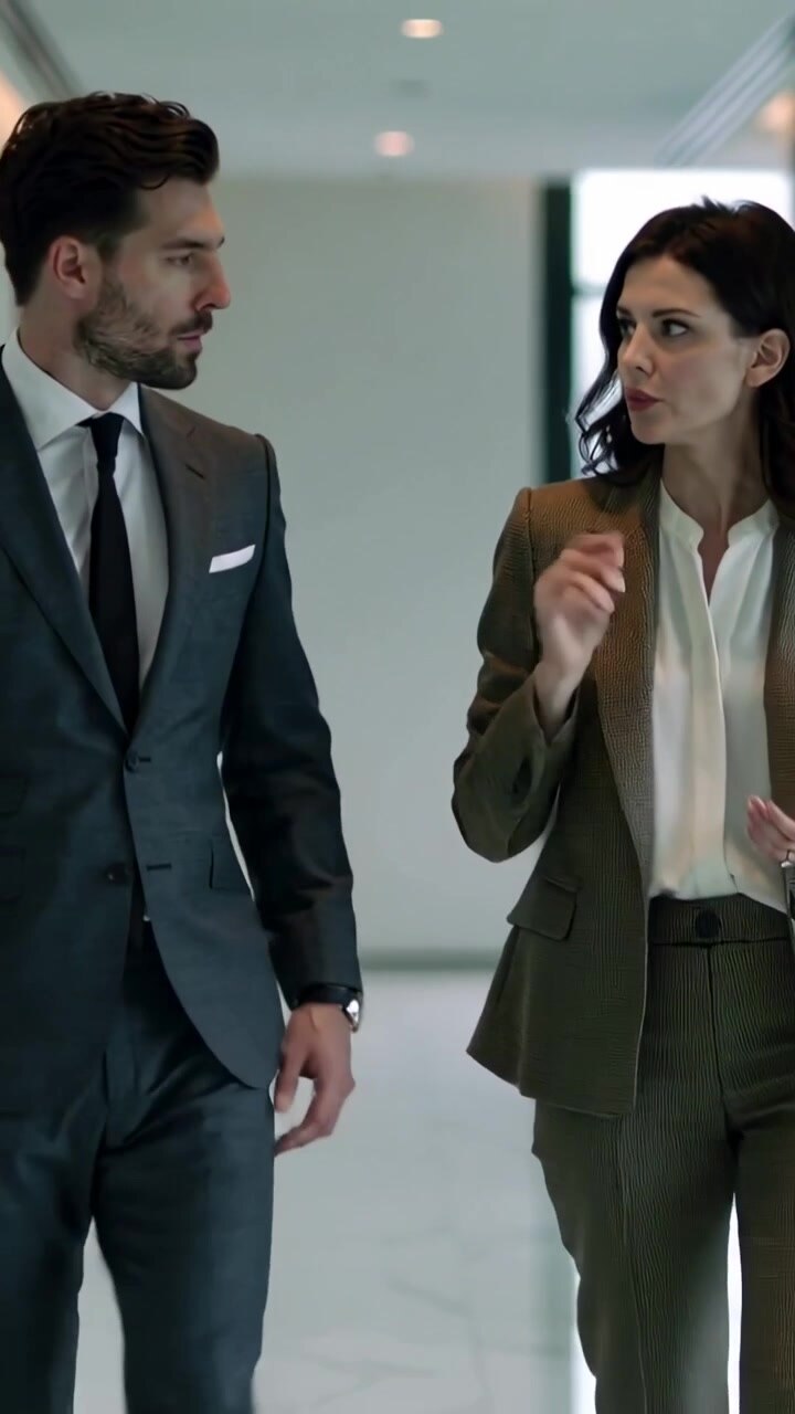 Video verticale: Due colleghi in abito che camminano lungo un corridoio d'ufficio, discutendo di lavoro e gesticolando.