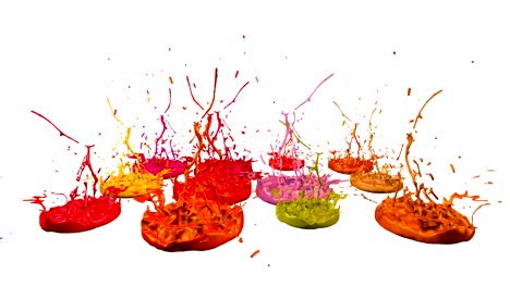 3d splashes of paint dance in 4k on white background. simulation of splashes of ink on a musical speaker that play music. v11