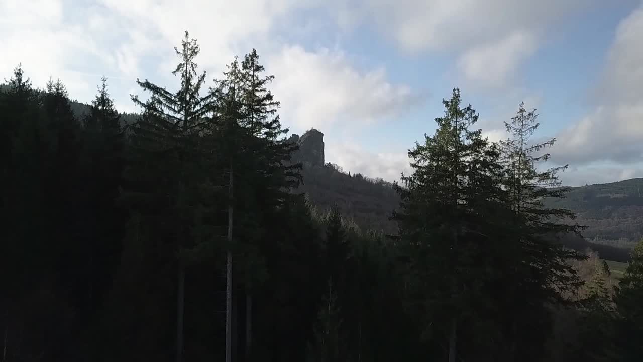Stunning view from the low-altitude flight of a drone of a beautiful forest with rocky mountains in the background