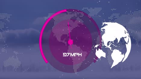 Animation-of-speedometer,-globe-and-world-map-over-cityscape