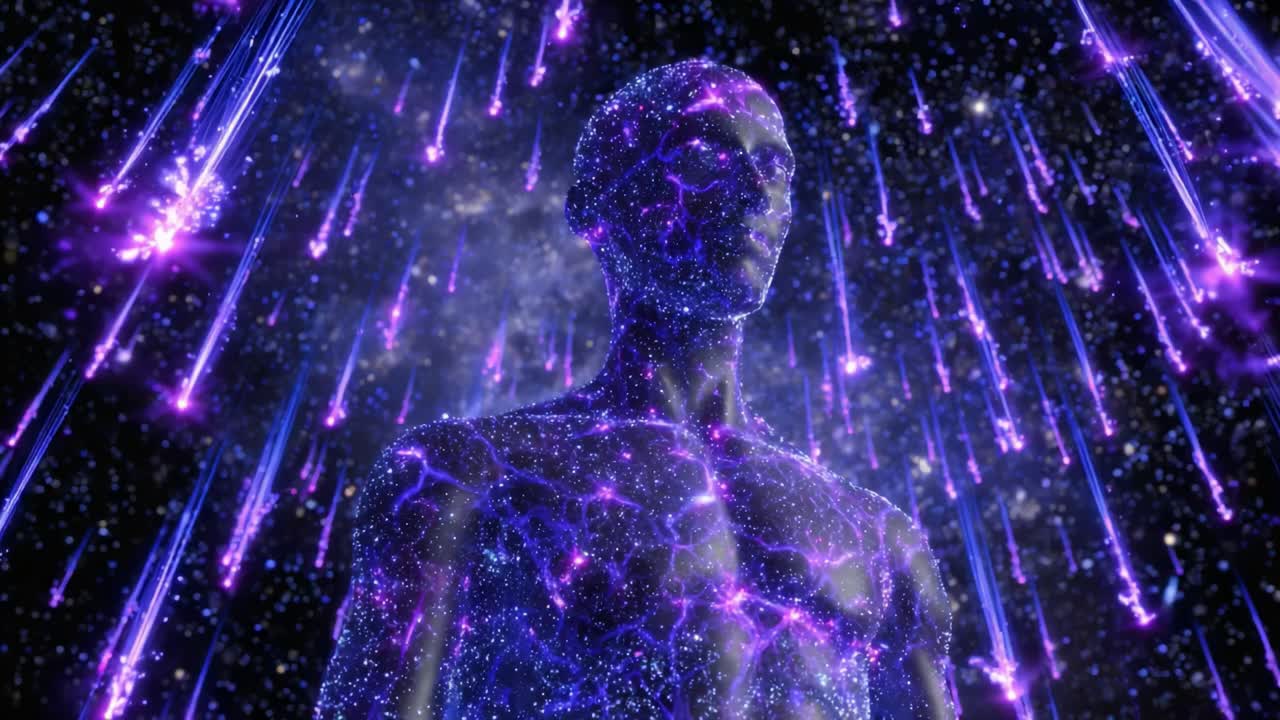 A Stunning Cosmic Display: A Celestial Figure Surrounded by a Dazzling Array of Purple Meteoric Trails and Starry Background Representing the Universe's Mysteries