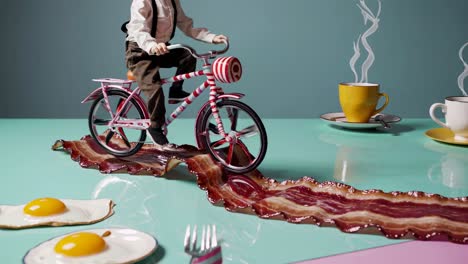 child riding bike on a strip of bacon, breakfast scene