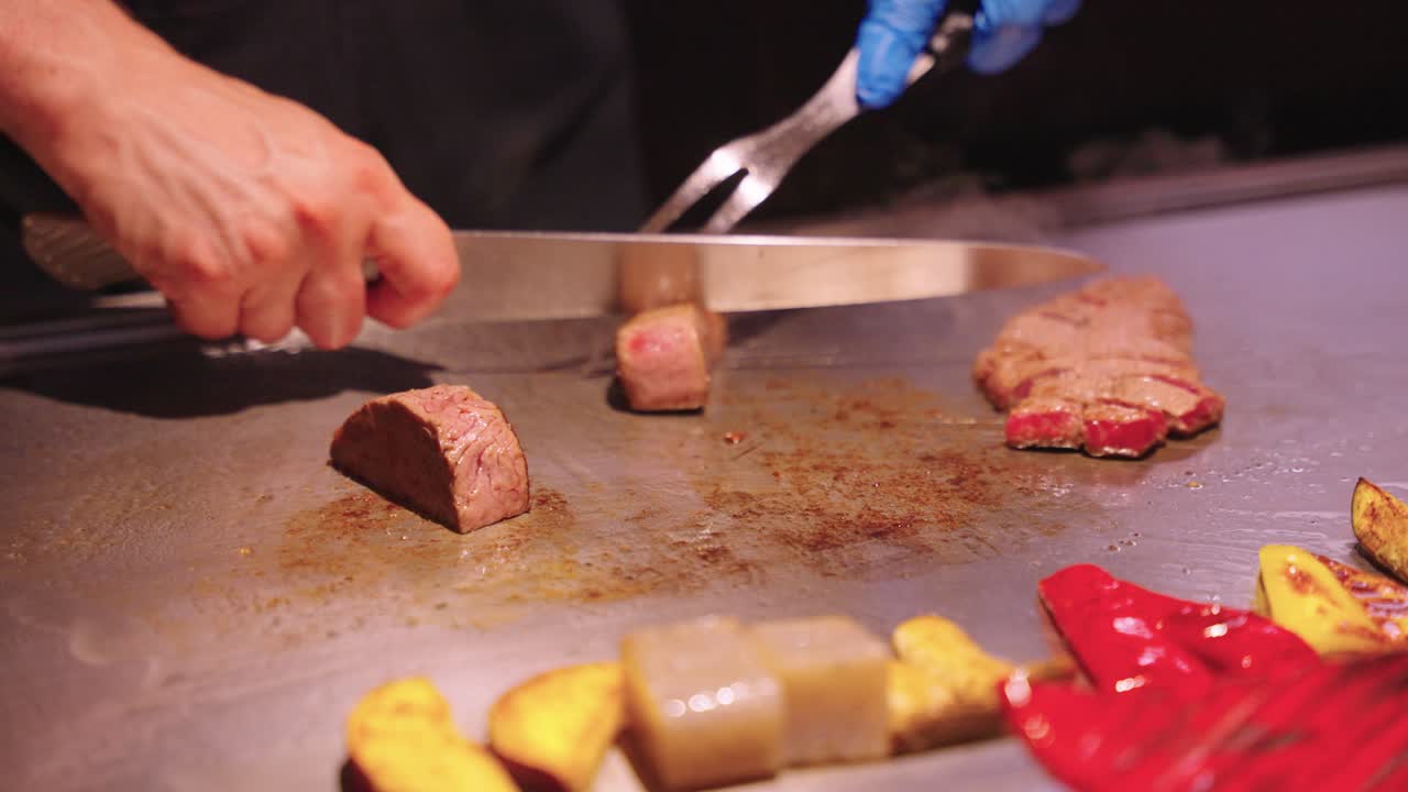 Kobe Beef Wagyu Being Grilled on Teppan