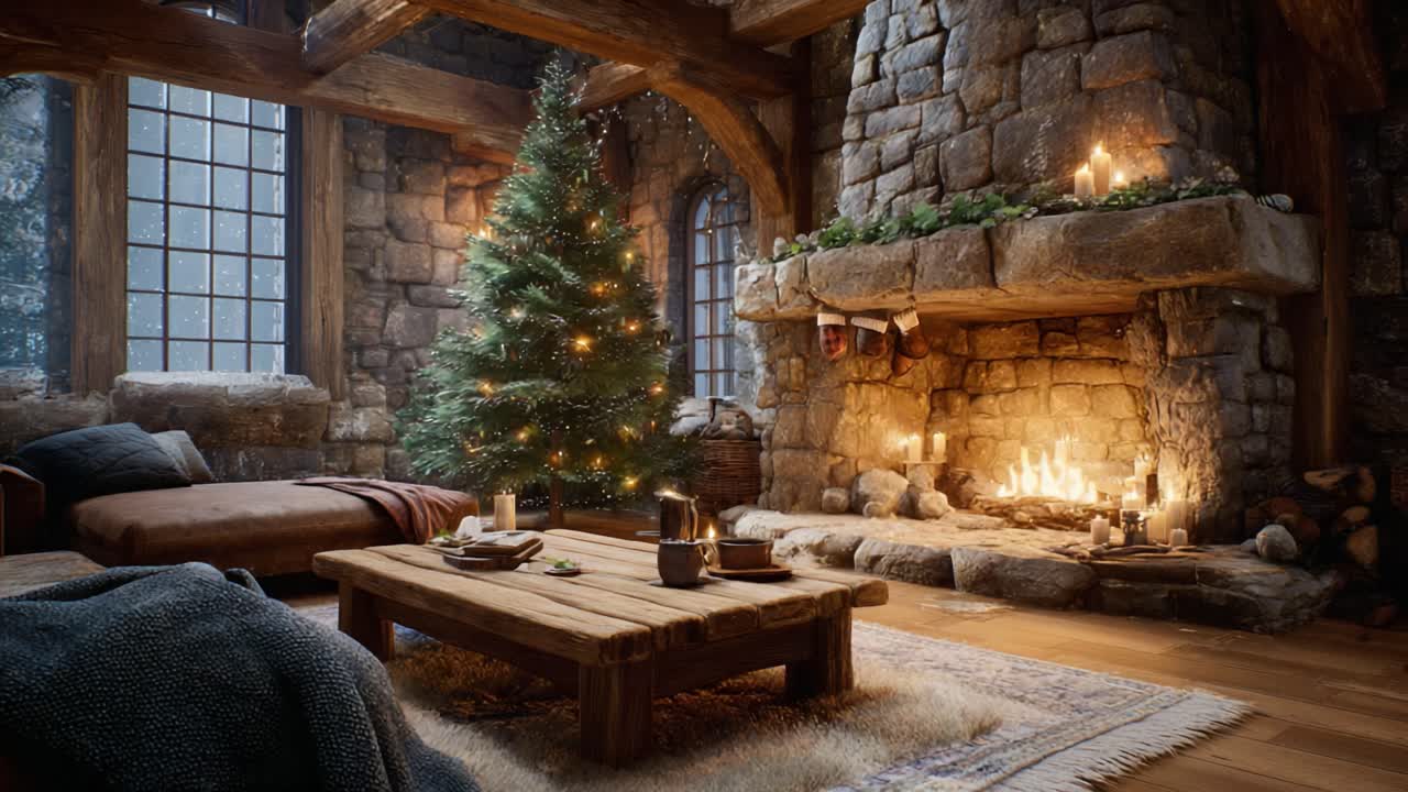Cozy Winter Retreat: A Detailed View of a Rustic Living Room with a Christmas Tree, Warm Fireplace, and Inviting Decor for the Holiday Season