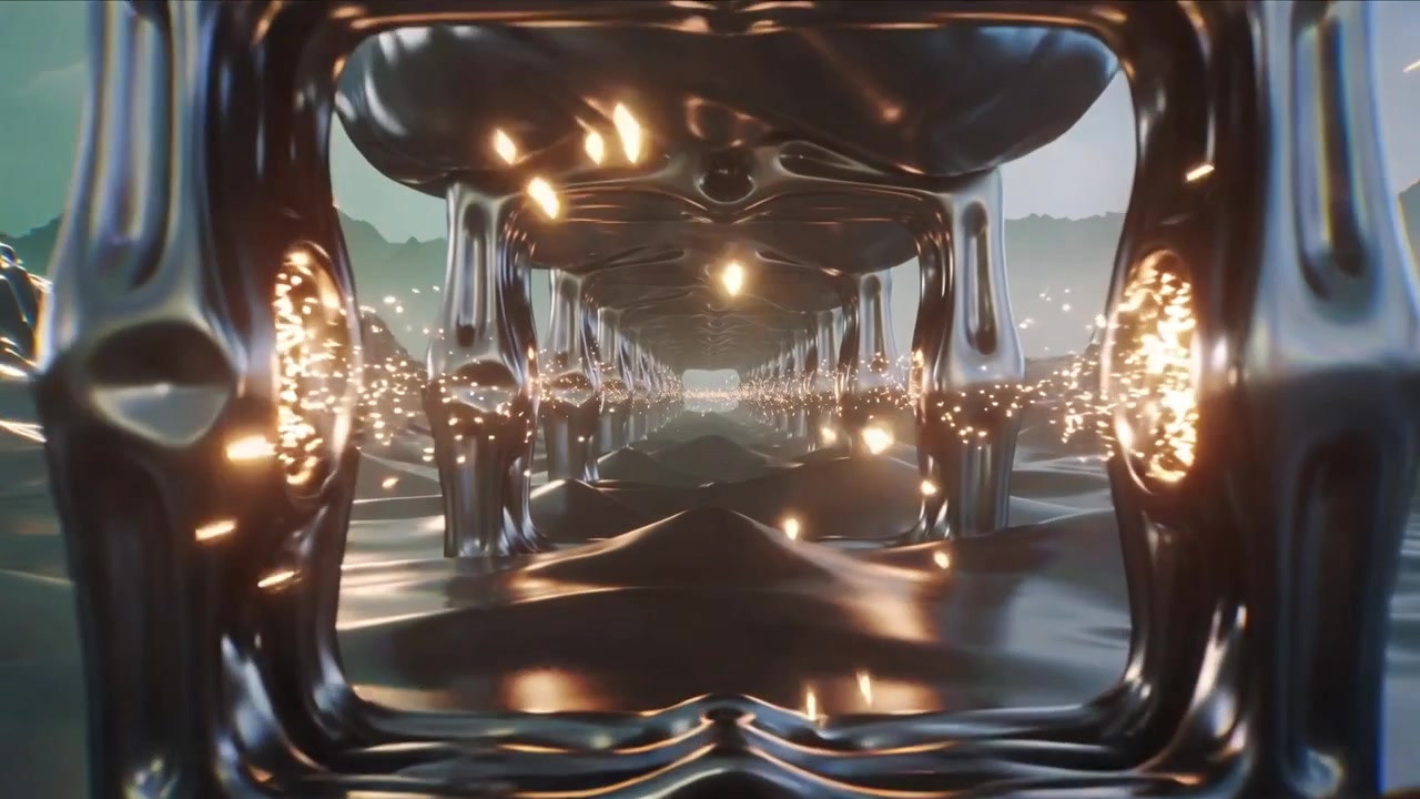 Moving camera toward shiny cube on metal plain entering hole showing mirrored tunnel, orange sparks