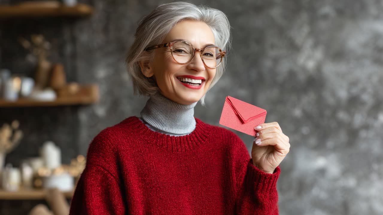 Joyful Senior Woman Holding a Red Envelope, Radiating Warmth and Cheer in a Cozy, Stylish Setting, Perfect for Celebrating Special Moments and Connections