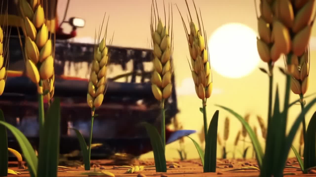 Harvesting Process in an Animated Wheat Field: Discover the Beauty of Agriculture as the Sun Sets Over the Golden Crops, Showcasing Agricultural Machinery in Action