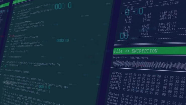 Initiating glitch overlay dual-panel interface sliding in code scrolling encryption panels updating