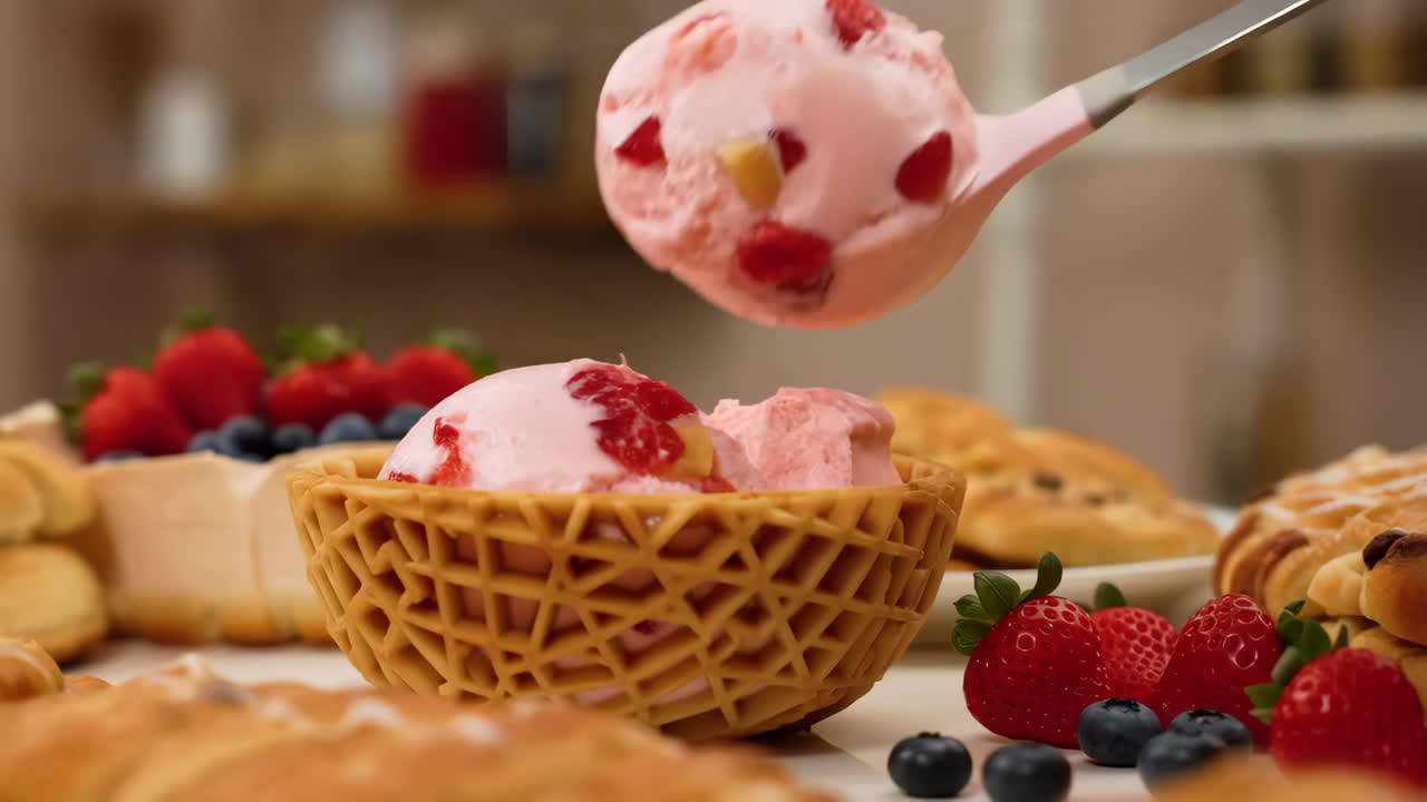 Scooping Strawberry Ice Cream into a Waffle Bowl