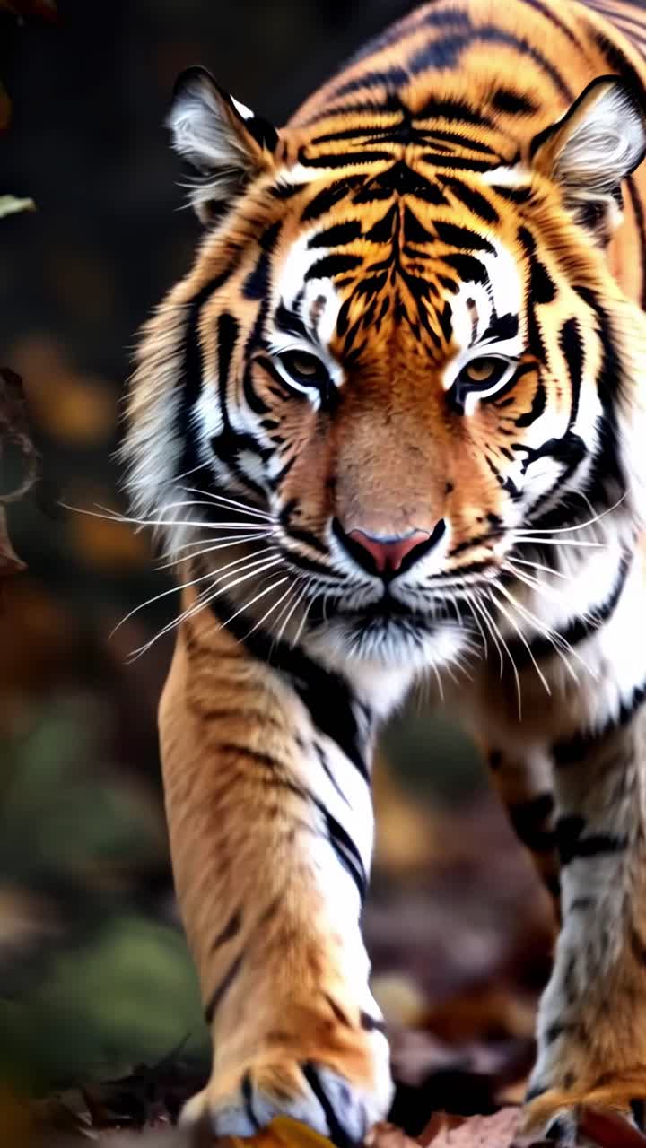 Close-up video still of a tiger prowling through a forest, captured at eye level