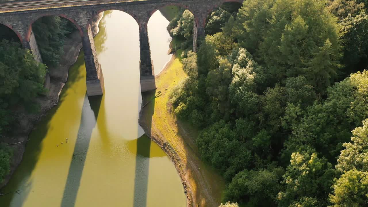 un disparo volador sobre un puente ferroviario sobre un lago