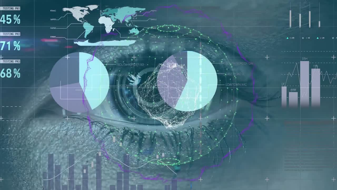 Animation of statistics and data processing over woman's eye in background