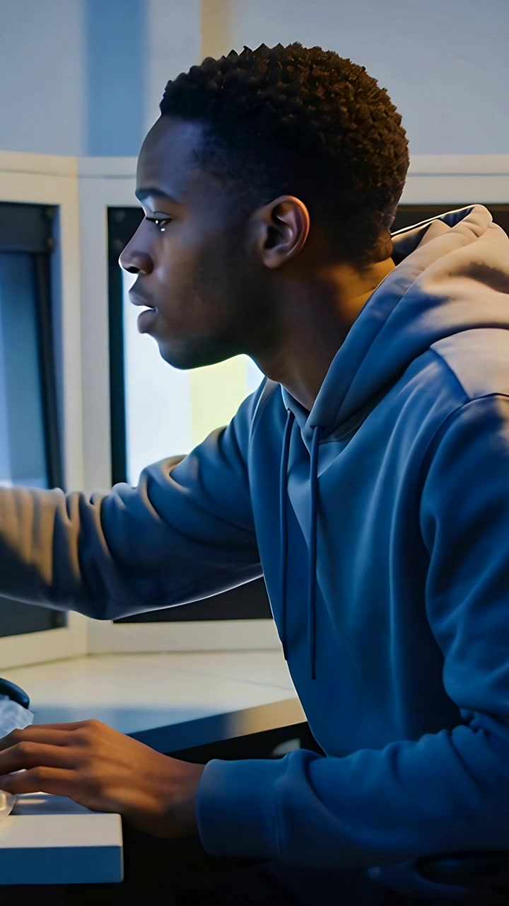 Vertical video: Leaning toward monitor after prompt, man in hoodie using keyboard and mouse at desk