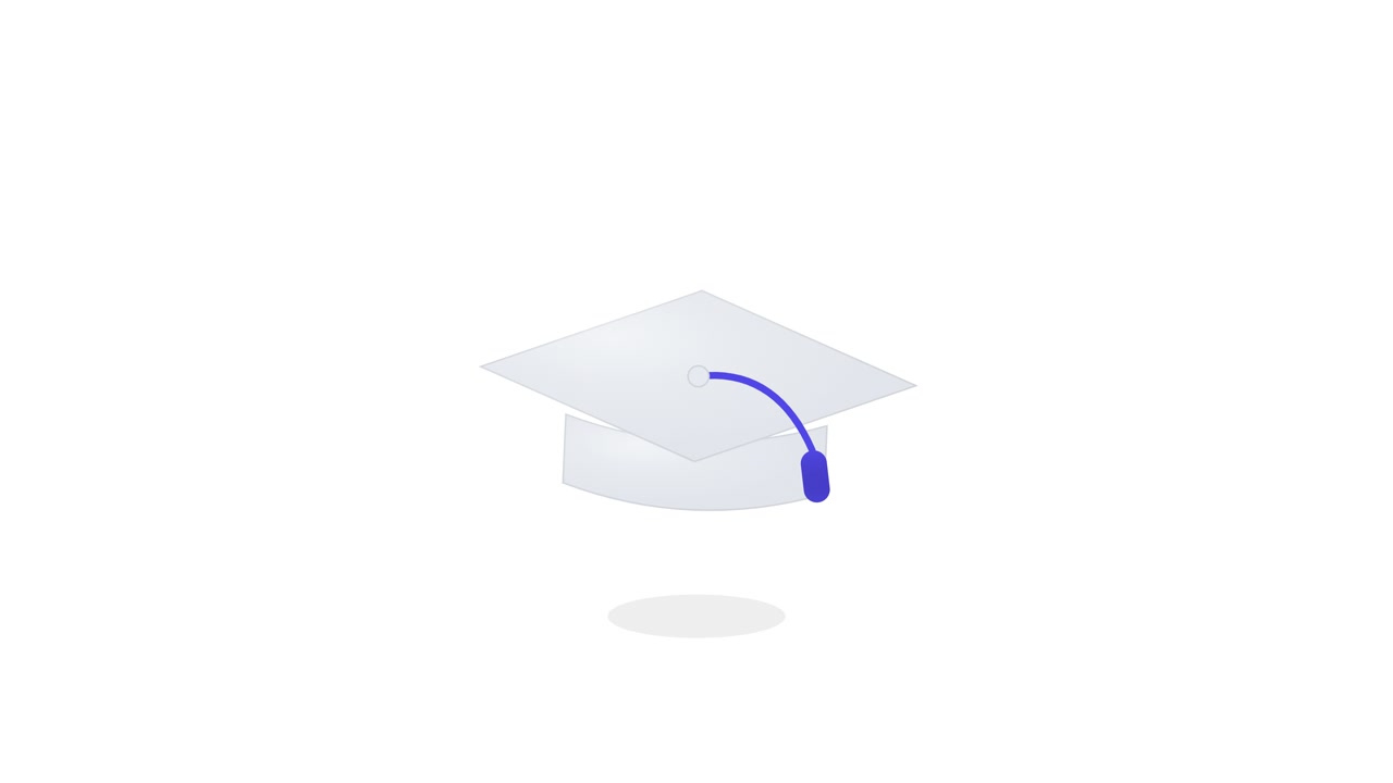 Tocco di laurea animato che fluttua su sfondo bianco.