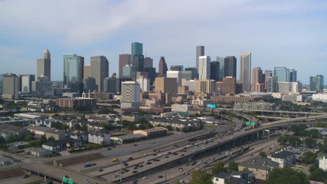 establishing drone view of downtown houston, texas