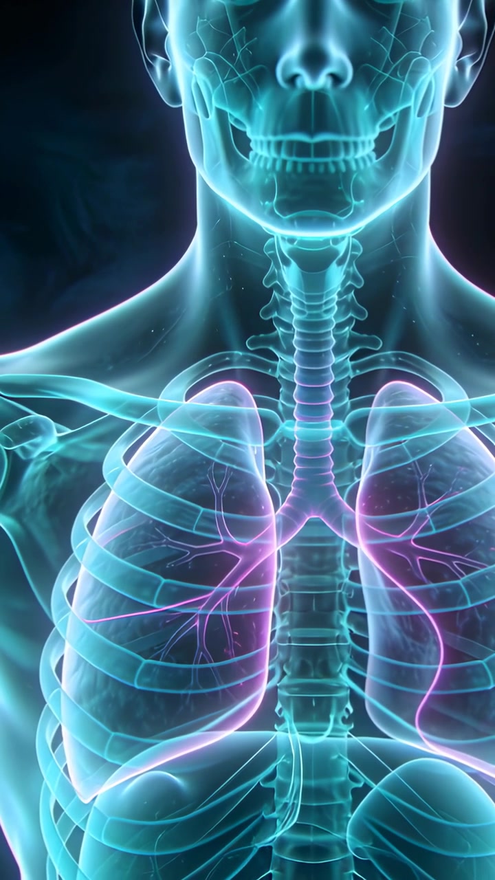 Video verticale: Riproduzione che mostra un torso CGI con polmoni che si gonfiano e bronchi luminosi in vista di laboratorio per studio.