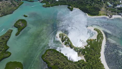 aerial drone view of ile aux cerfs, flacq, mauritius island, indian ocean